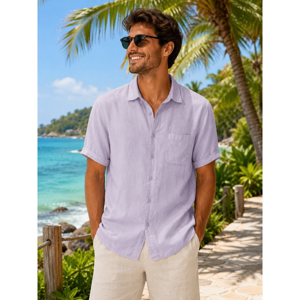 Pronto Uomo Mens Short Sleeve 100% Linen Button Up Shirt Lavender Purple Large
